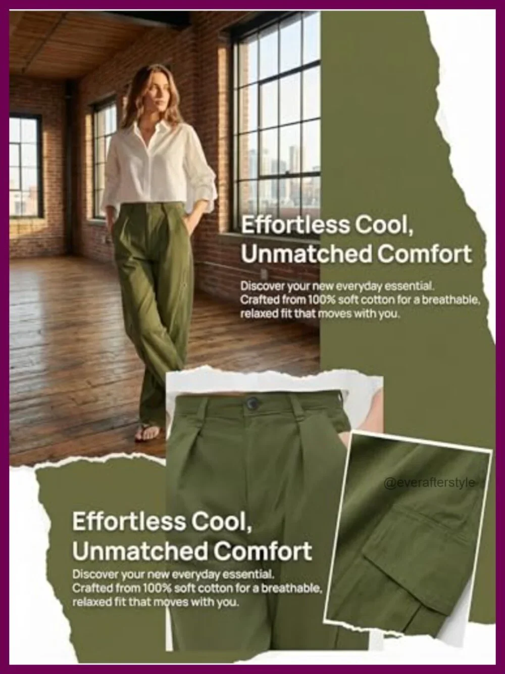 100% Cotton High Waisted Wide Leg Cargo Barrel Pants with Pockets